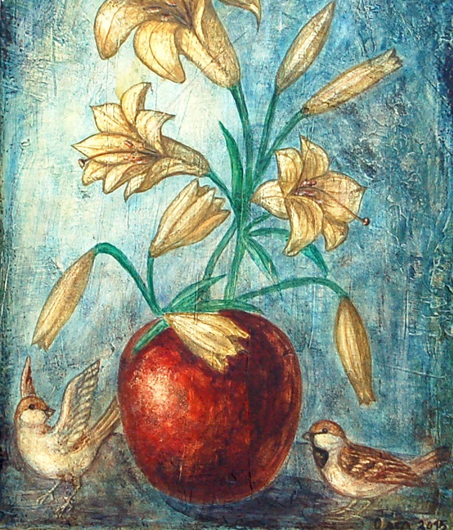 lilies in a vase and little birds painting